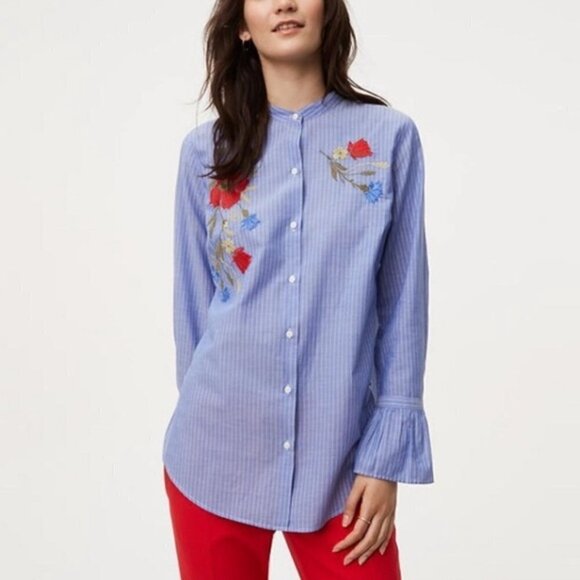 Loft Button Down Striped Floral Embroidered Shirt Blue Small - Picture 7 of 7